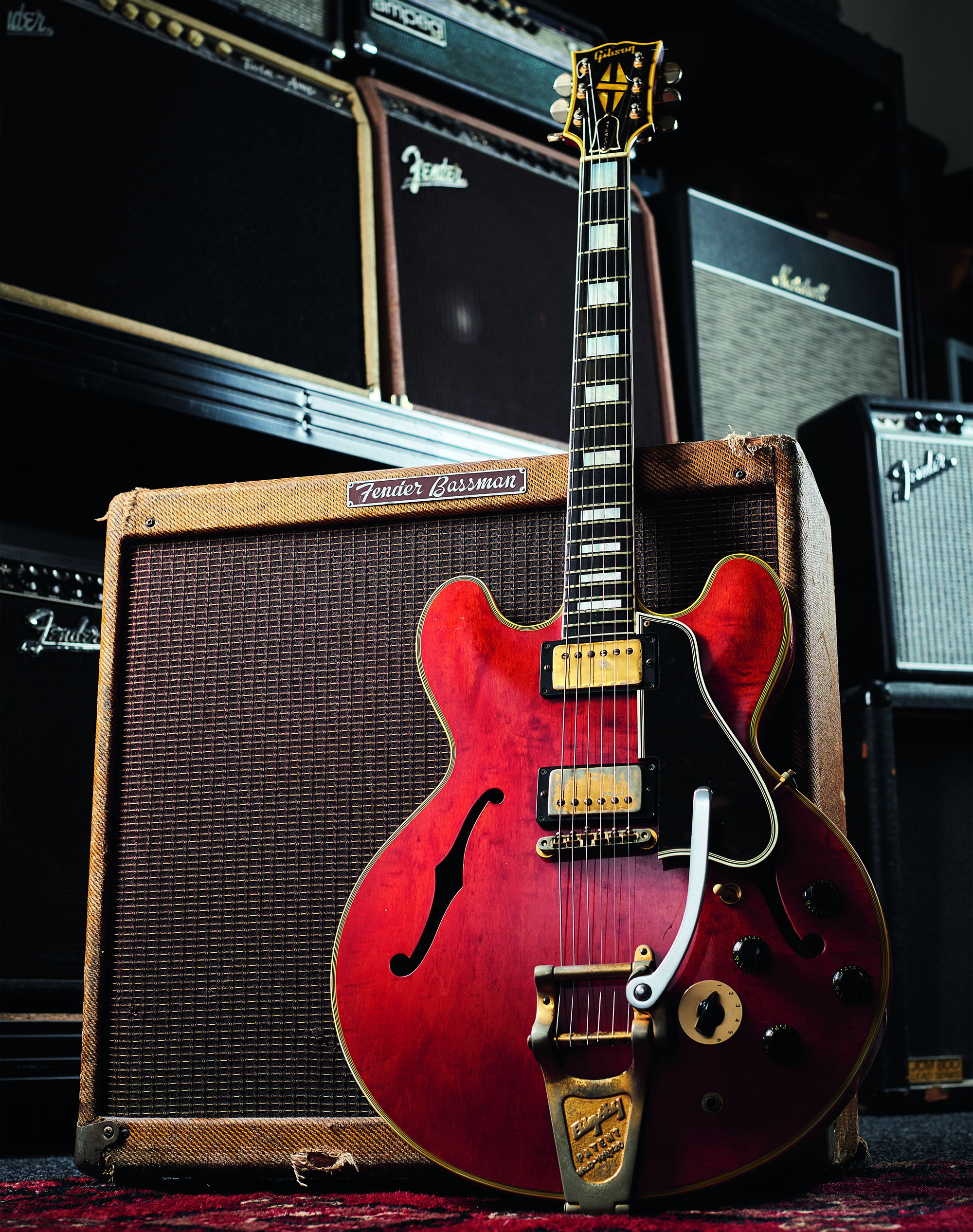 A vintage 1959 Gibson Es-355 TDSV electric guitar belonging to English musician Johnny Marr, photographed at his studio in Manchester, England, on April 30, 2018.