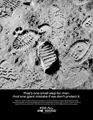 For All Moonkind advertiement advocating for the protection of the Apollo landing sites and other human heritage in space.
