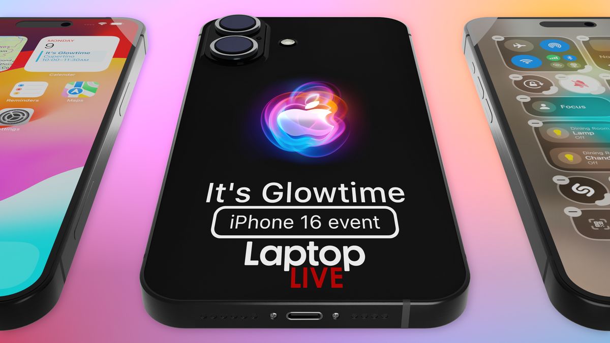 iPhone 16 3D render on a mixed pastel background showing three iPhone 16 models in black with a glowing Apple logo, the central iPhone has the words &quot;It&#039;s Glowtime, iPhone 16 event, Laptop Live&quot; with the Laptop Mag branding