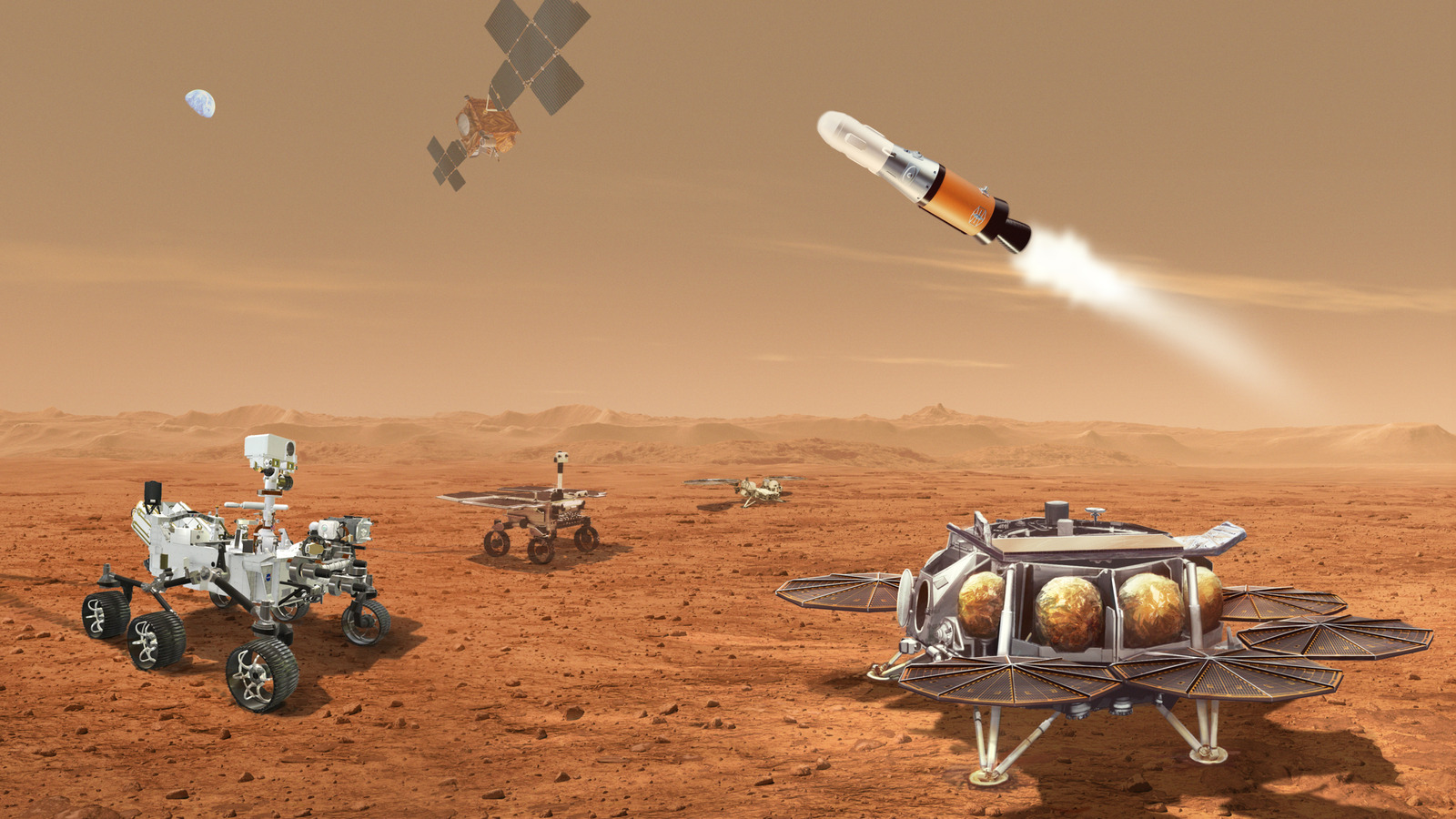 A series of proposed Mars rovers sit on the planet's dusty red surface
