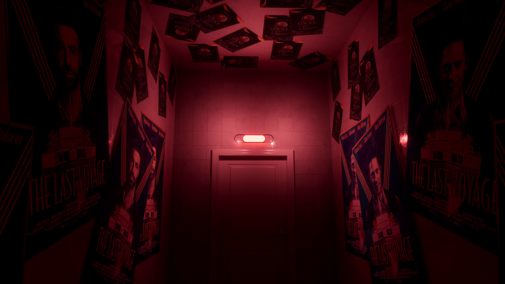 A red light spookily lights an eerie corridor