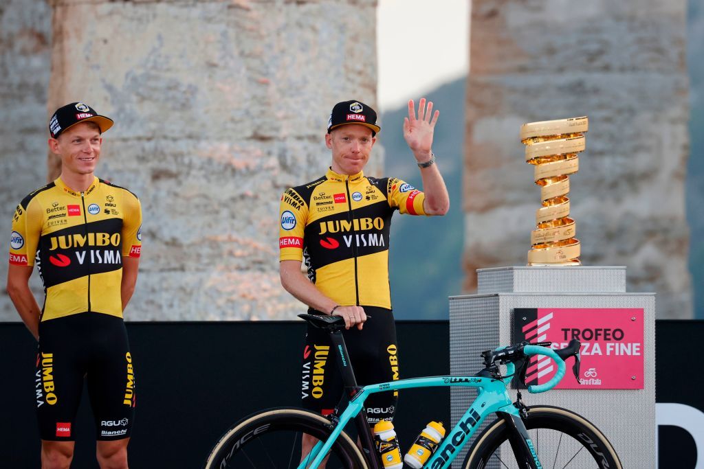 Team Jumbo rider Netherlands Steven Kruijswijk C waves on stage at the Doric Temple of Segesta near Palermo Sicily on October 1 2020 during an opening ceremony of presentation of participating teams and riders two days ahead of the departure of the Giro dItalia 2020 cycling race Photo by Luca Bettini AFP Photo by LUCA BETTINIAFP via Getty Images