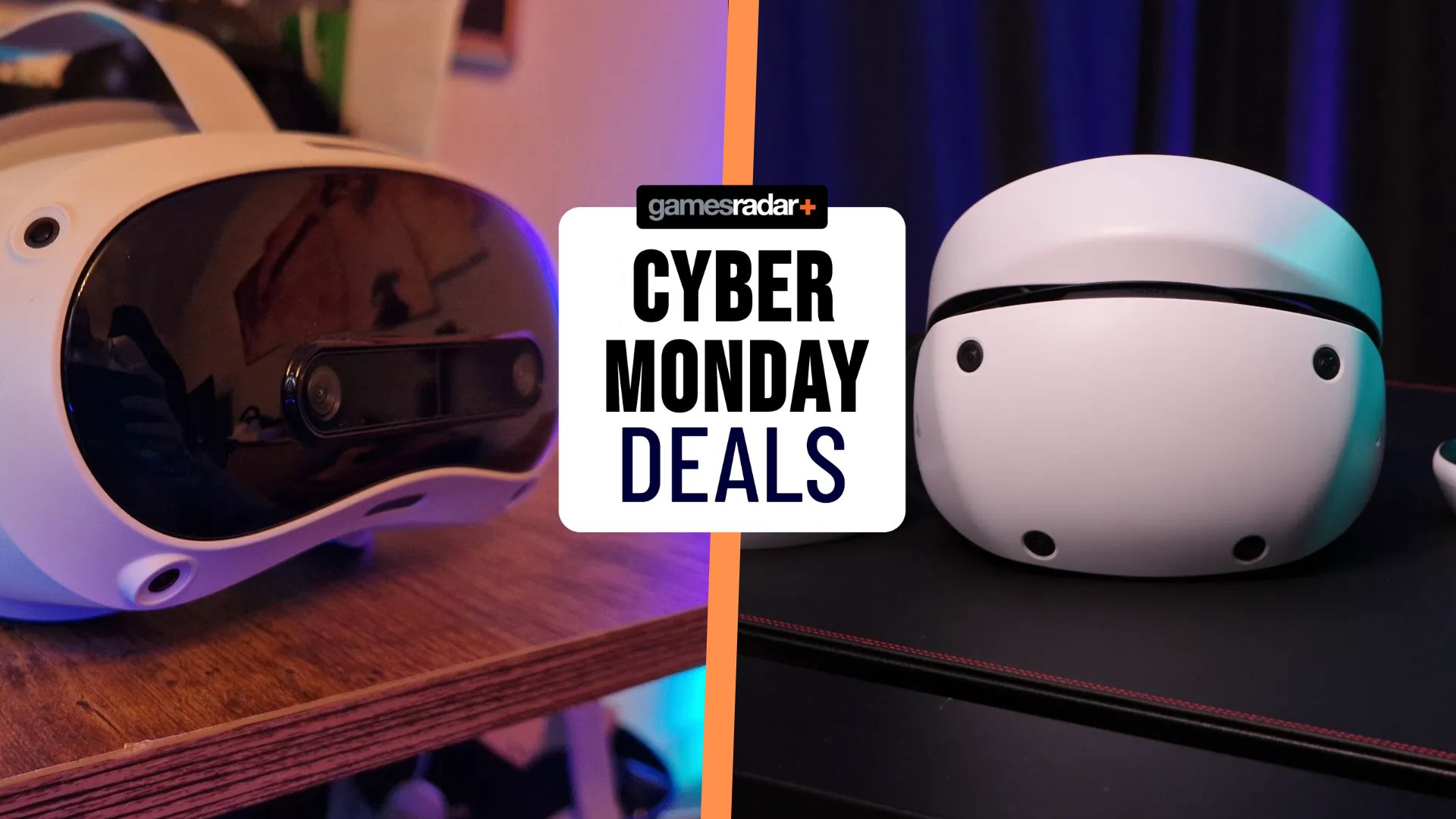 A side-by-side image of the Pico 4 Ultra and PSVR 2 with a Cyber Monday stamp in the middle