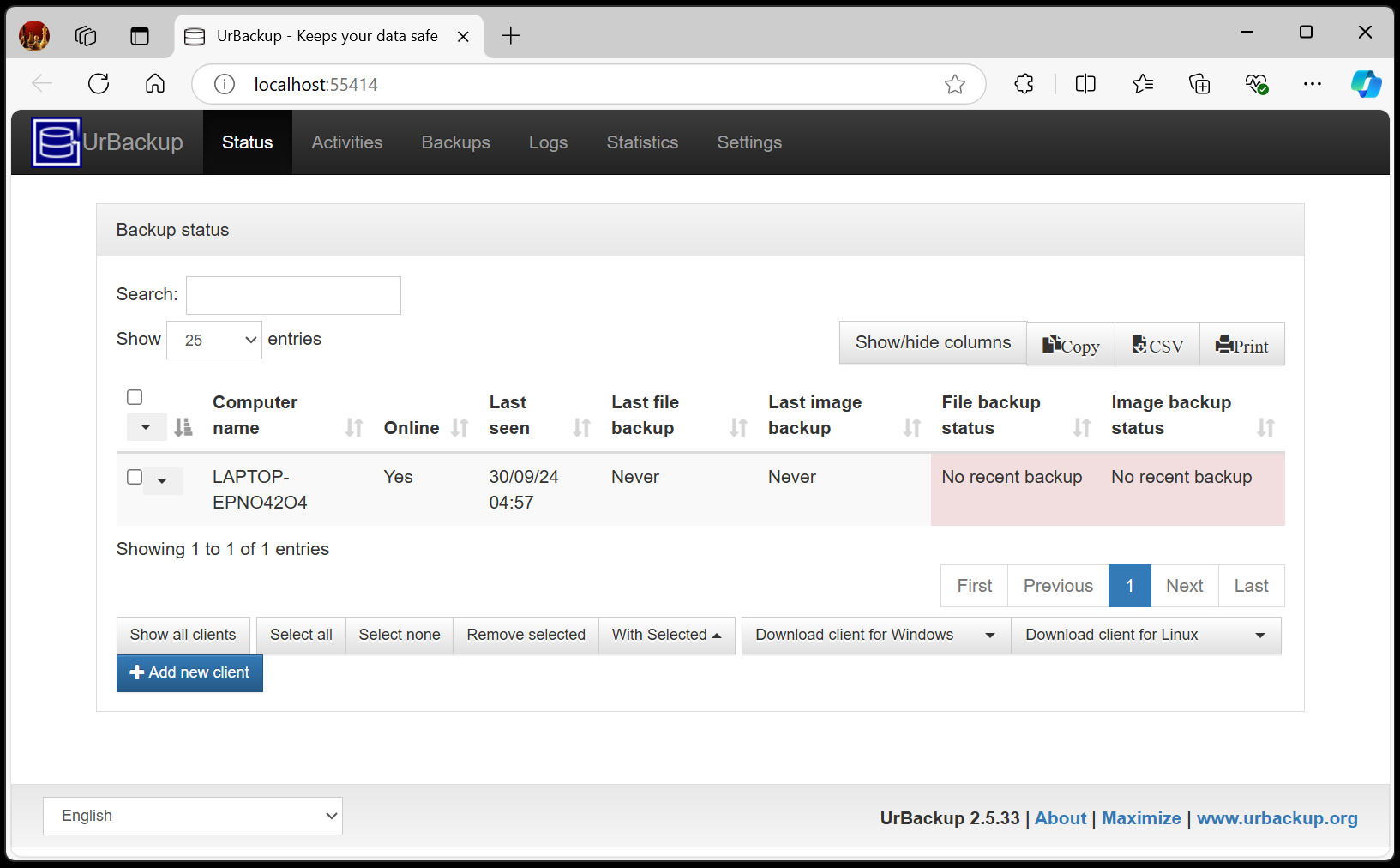 The Urbackup web server view.