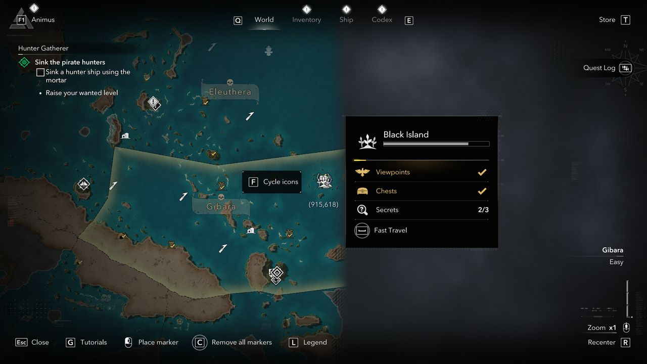 Black Flag outfits: A map showing the location of Black Island where you can find Captain Morgan's Redingote.