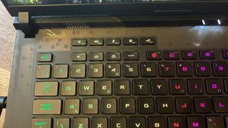 Asus ROG Strix Scar 16 keyboard close up to show translucent build materials in main base