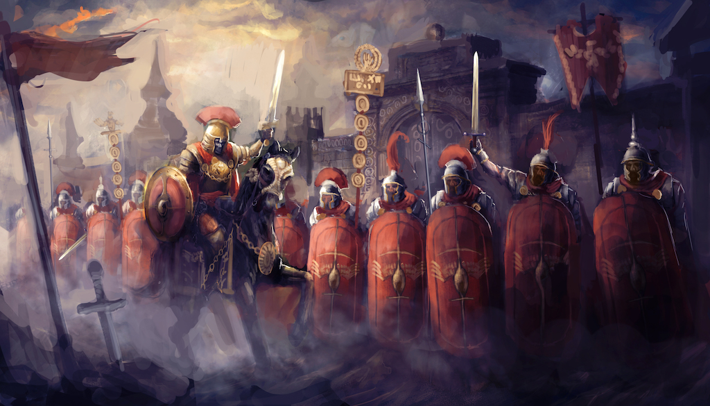 Artwork depicting roman soldiers and their general.