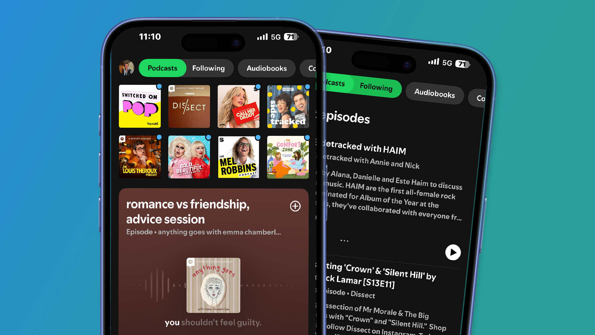 The Spotify home page with the podcasts filter enabled 