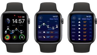 Three Apple Watches side by side showing the Weather Up app and its complication.