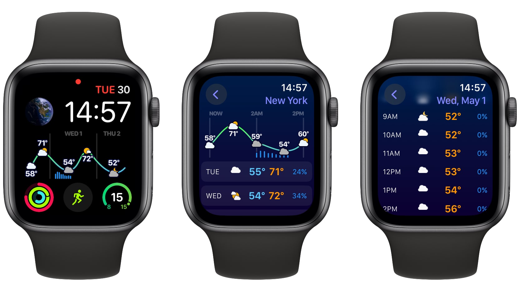 Three Apple Watches side by side showing the Weather Up app and its complication.