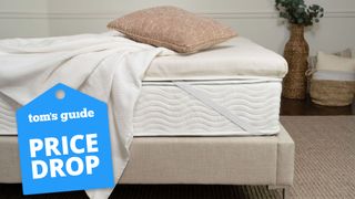 Side on view of a mattress topper on a memory foam mattress to give it a pillow-top feel, with a blue price drop sales badge overlaid on the bottom left of the image