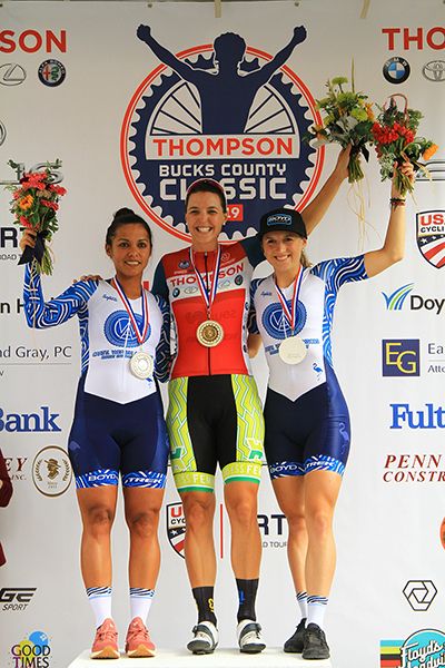 The Women's podium: 2nd place, Daniely Del Valle Garcia (CWA Racing p/b TREK), 1st place, Beck Wiasak (Fearless Femme Racing), 3rd place, Caroline Baur (CWA acing p/b TREK)