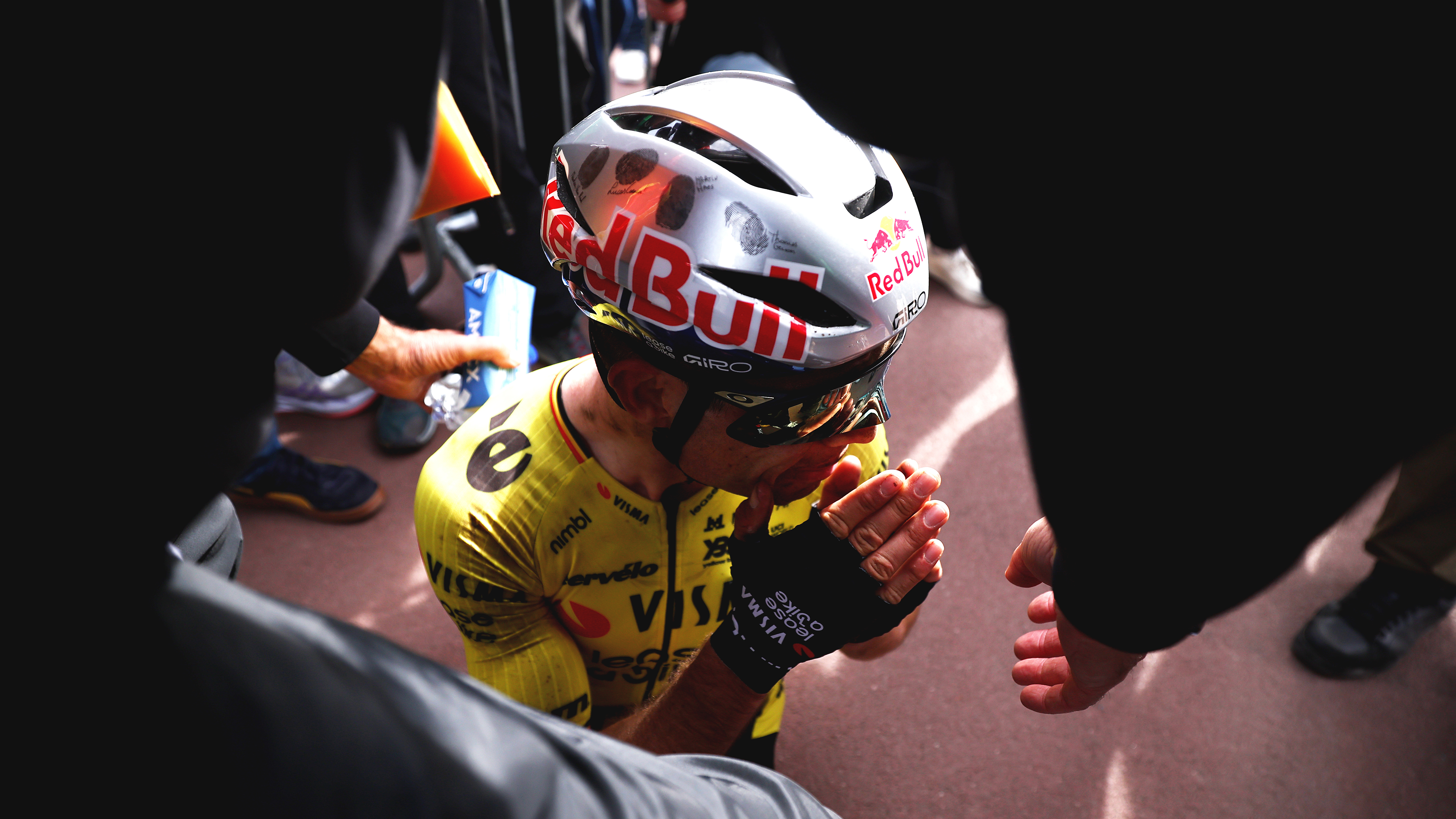 ROUBAIX, FRANCE - APRIL 12: Race winner Wout van Aert of Belgium and Team Visma | Lease a Bike reacts after the 123rd Paris-Roubaix