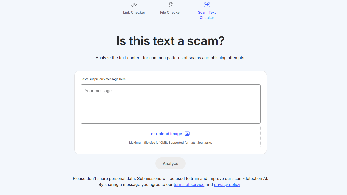 Screenshot of NordVPN's scam checker tool website