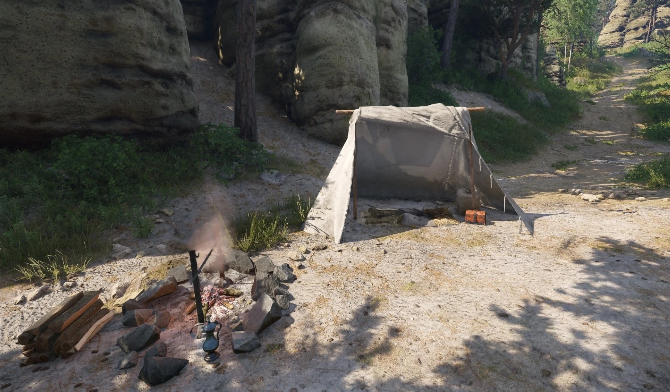 A simple tent and campfire among Bohemia's rock formations in Kingdom Come: Deliverance 2