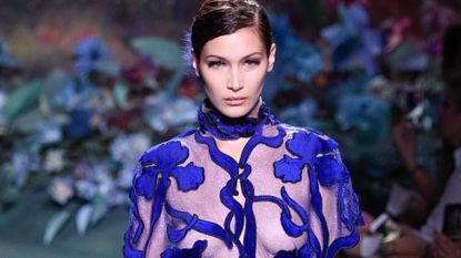 Fashion model, Fashion show, Fashion, Runway, Clothing, Cobalt blue, Electric blue, Haute couture, Dress, Fashion design, 