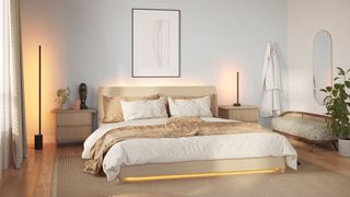 Contemporary neutral bedroom with low lever light under the bed and smart lamps on bedside tables and a corner floor lamp