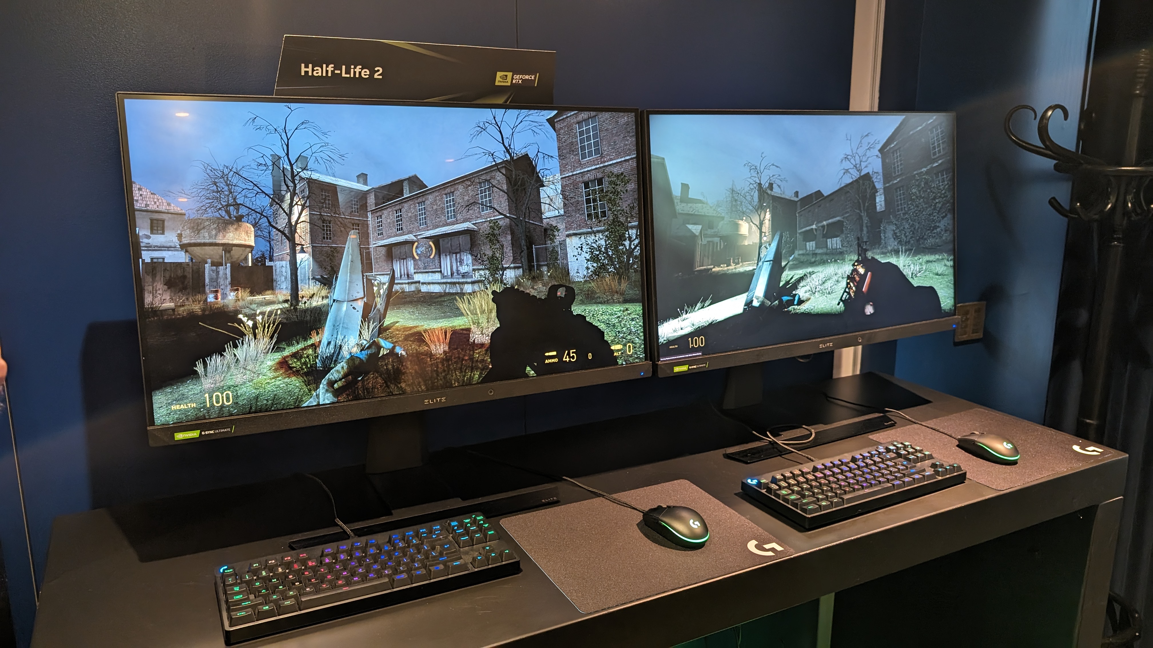 Two PCs running Half-Life 2 and Half-Life 2 RTX side-by-side.