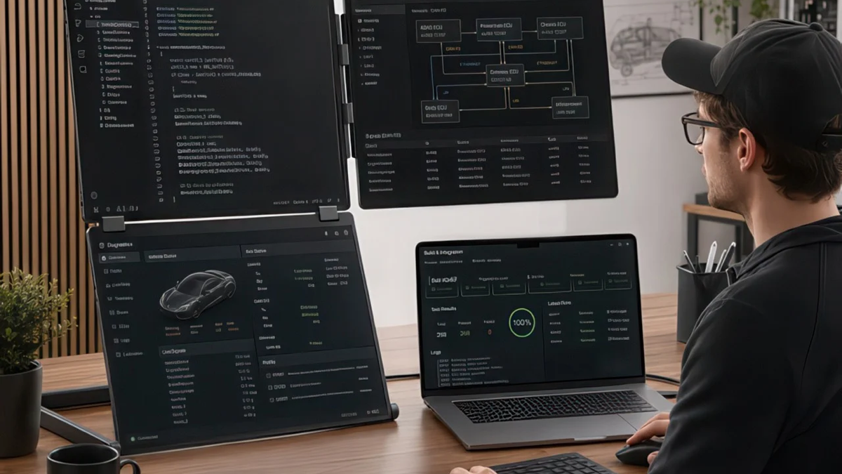 This is the most incredible portable monitor setup you'll see — a portable L-shaped 16-inch triple-screen monitor is perfect for productivity