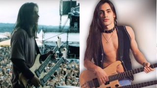 Nuno Bettencourt circa 1995 with his custom-made Washburn double-neck guitar