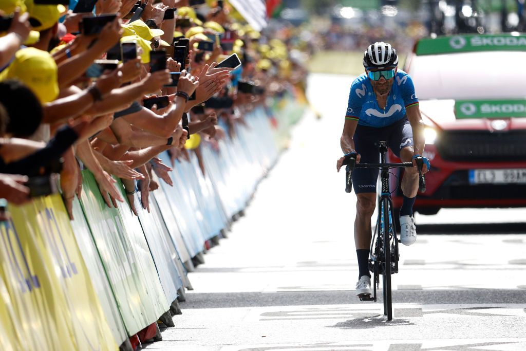 ANDORRELAVIEILLE ANDORRA JULY 11 Alejandro Valverde of Spain and Movistar Team on 2nd place at arrival during the 108th Tour de France 2021 Stage 15 a 1913km stage from Cret to AndorrelaVieille LeTour TDF2021 on July 11 2021 in AndorrelaVieille Andorra Photo by Chris GraythenGetty Images