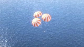 This upcoming Sunday (Aug. 2, 2020) NASA will attempt its first ocean splashdown in nearly 45 years with SpaceX's Demo-2 mission. This still from a NASA video shows an Orion spacecraft about splashing down after visiting an asteroid parked in orbit around the moon during the Asteroid Retrieval and Utilization mission. 