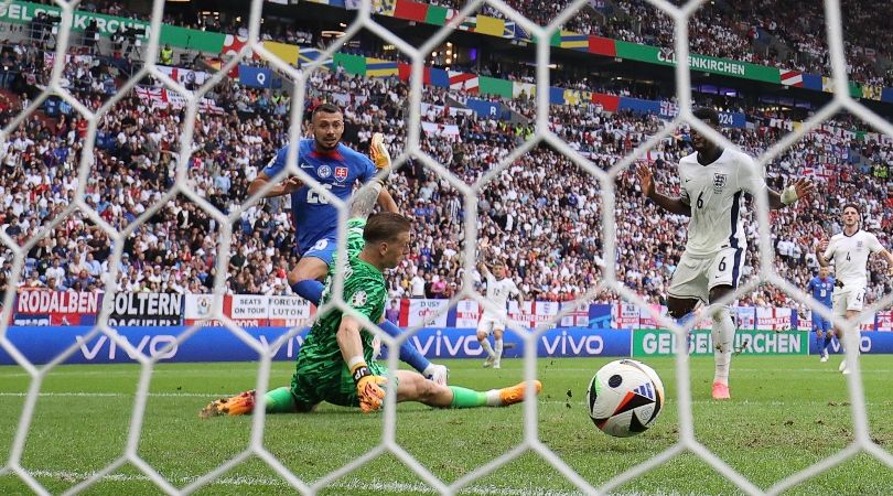 Ivan Schranz scores for Slovakia against England at Euro 2024.