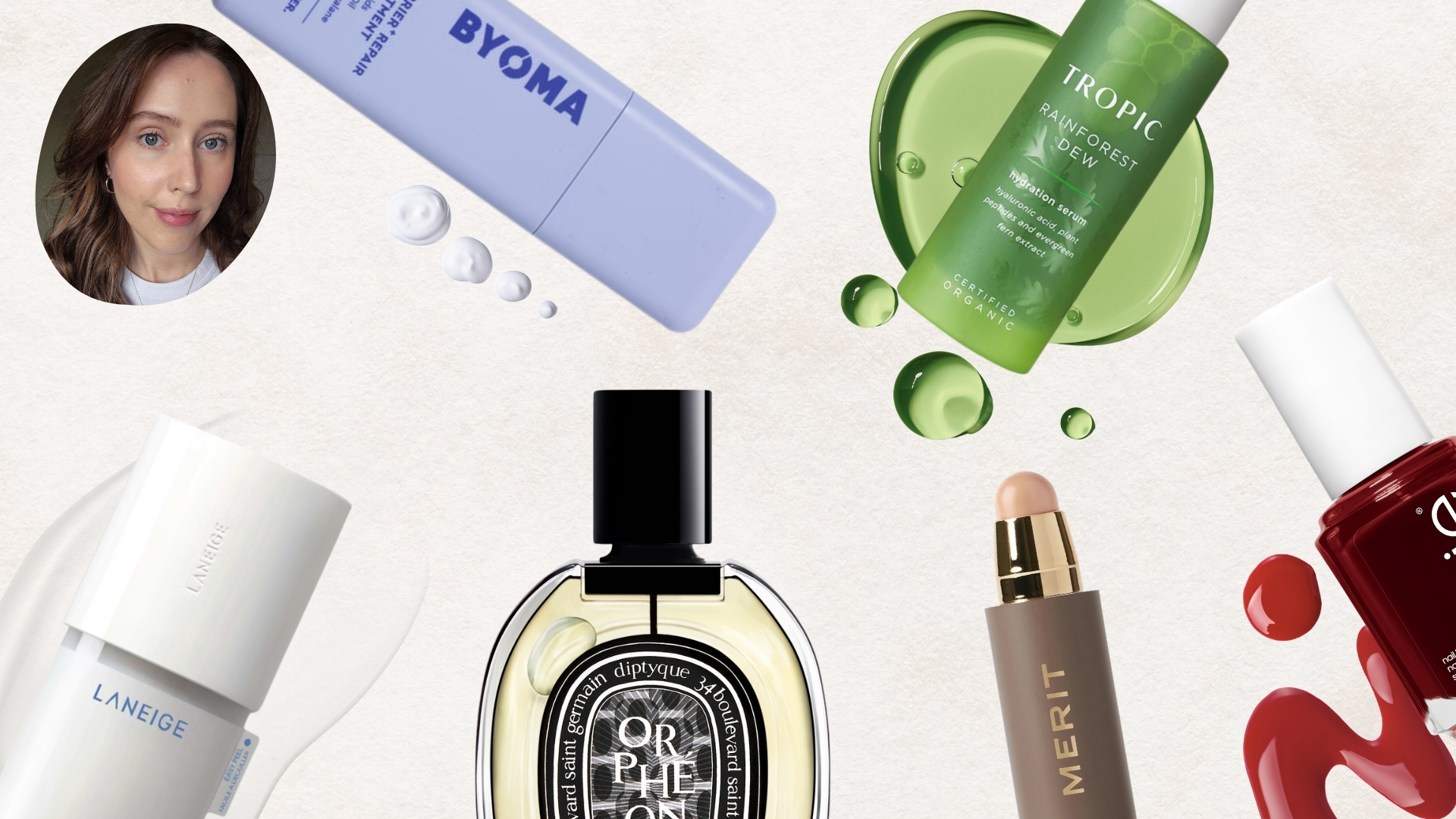 Collage of Naomi Jamieson's all-time favourite beauty products on a beige background, including a Byoma barrier repair cream, Laneige Cream Skin toner, Diptyque Orpheon, Merit Minimalist foundation stick, Essie Bordeaux nail polish and Tropic Rainforest Dew serum