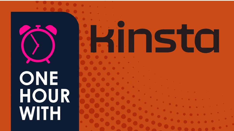 The Kinsta logo with a clock next to it with the text one hour with