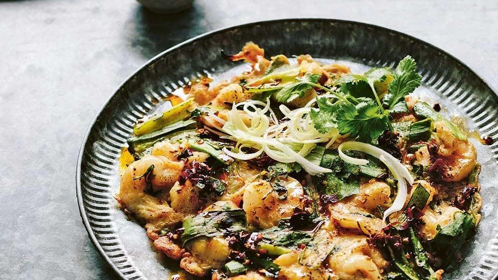 Prawn, spring onion and curry leaf pancakes