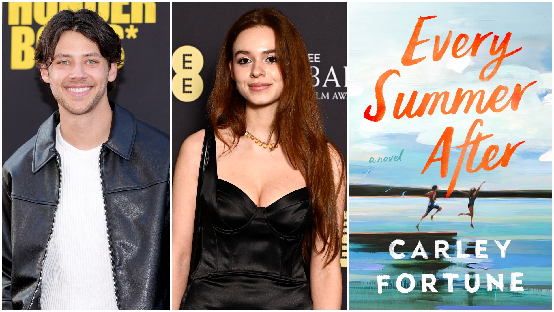 a split image of actors matt cornett and Sadie Soverall on red carpets and the book cover for every summer after