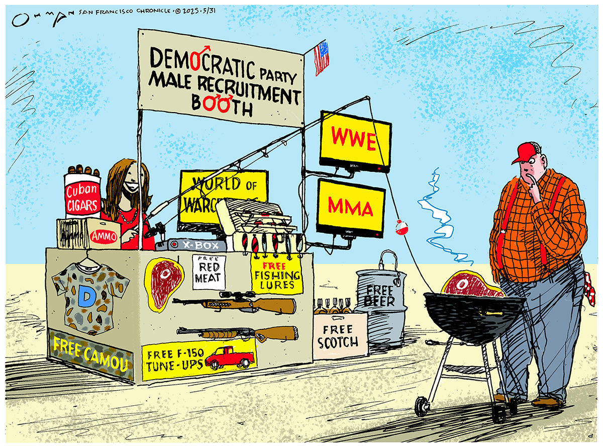 This political cartoon is set outside and shows a "Democratic Party Male Recruitment Booth." An attractive woman with long hair stands behind the counter of the booth, which displays items like "Cuban Cigars," "ammo," and a T-shirt with a "D" for Democrat in a camouflage pattern. Other offerings include "Free F-150 tune-ups," "Free Beer," and "Free Scotch." Two televisions hang from a pole, advertising "WWE" and "MMA." On the right, a man in a red hat and plaid shirt stands by a grill, looking pensive as the woman dangles a steak attached to a fishing pole.