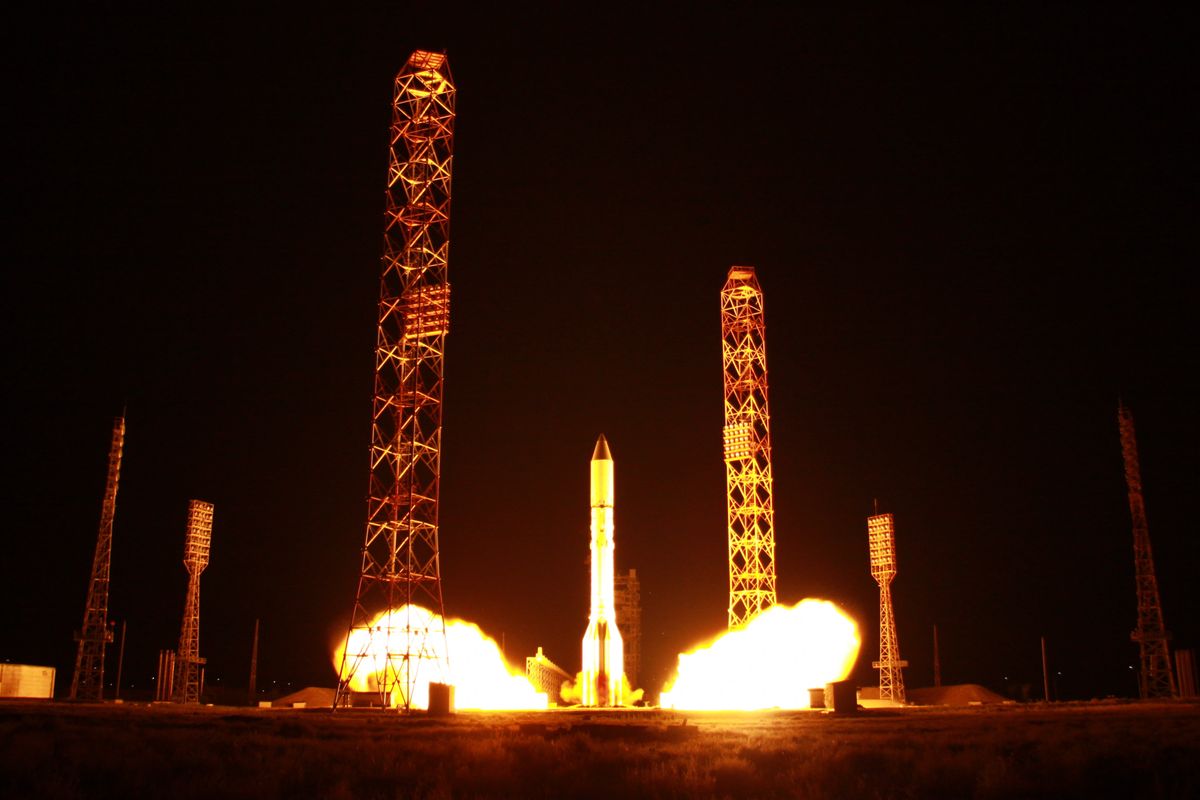 A Russian Proton-M rocket launches the Express 80 and Express 103 communications satellites for the Russian Satellite Communications Company from Baikonur Cosmodrome on July 30, 2020.
