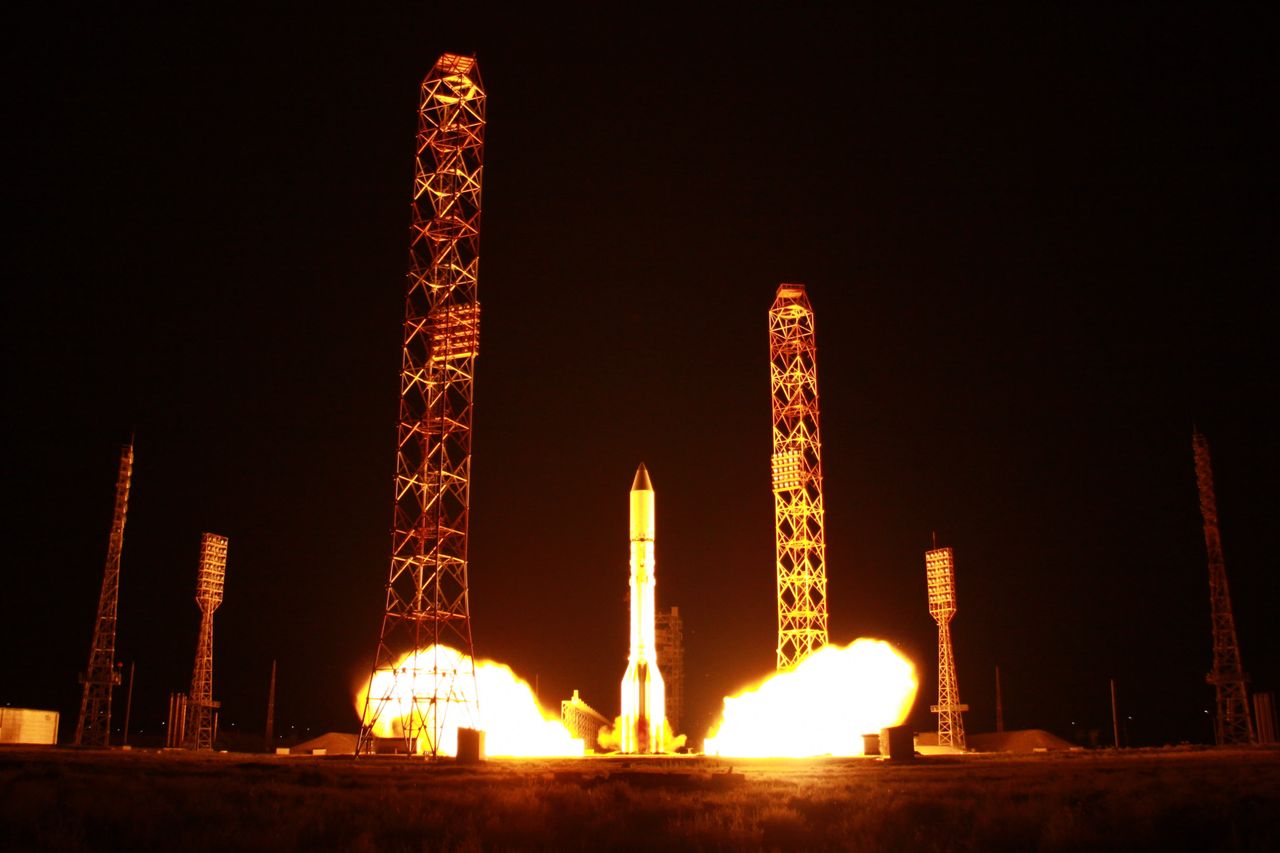 A Russian Proton-M rocket launches the Express 80 and Express 103 communications satellites for the Russian Satellite Communications Company from Baikonur Cosmodrome on July 30, 2020.