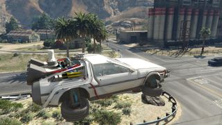 GTA 5 mods - a white car is flying across a city