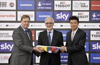 The UCI president Brian Cookson with British Cycling president Bob Howden for the Hon Kong handover for the 2017 Worlds