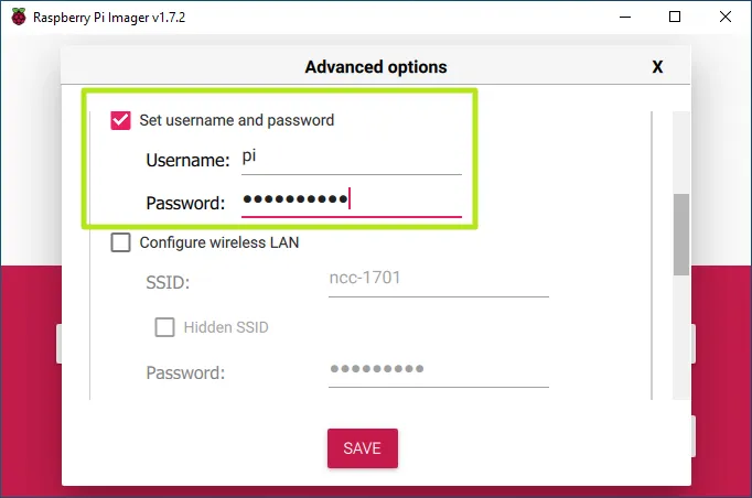 set username and password