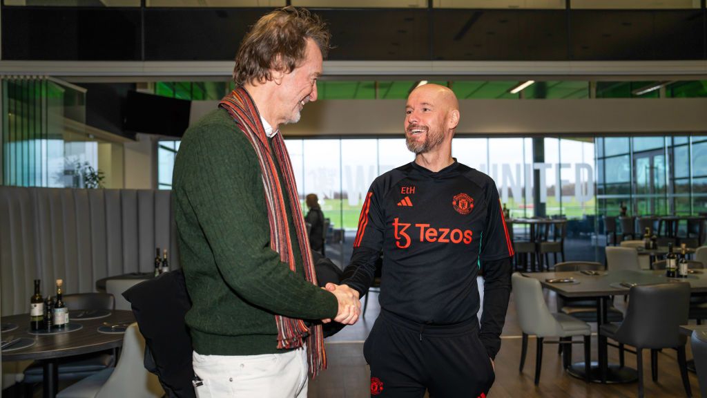 Sir Jim Ratcliffe of INEOS meets Manager Erik Ten Hag of Manchester United in the staff restaurant at Carrington Training Complex on January 03, 2024 in Manchester, England. 