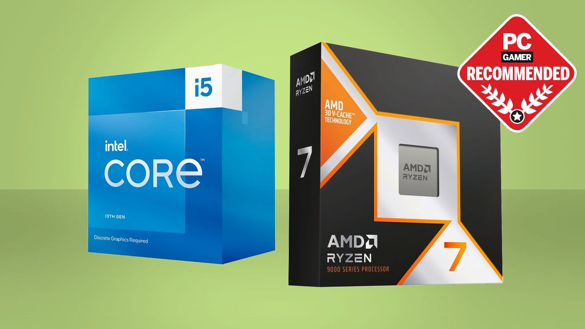 Packaging for Intel Core i5 13400F and AMD Ryzen 7 9800X3D on a green background with a PC Gamer Recommended logo