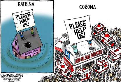 Editorial Cartoon U.S. New Orleans Coronavirus Hurricane Katrina aid hospitals flooding