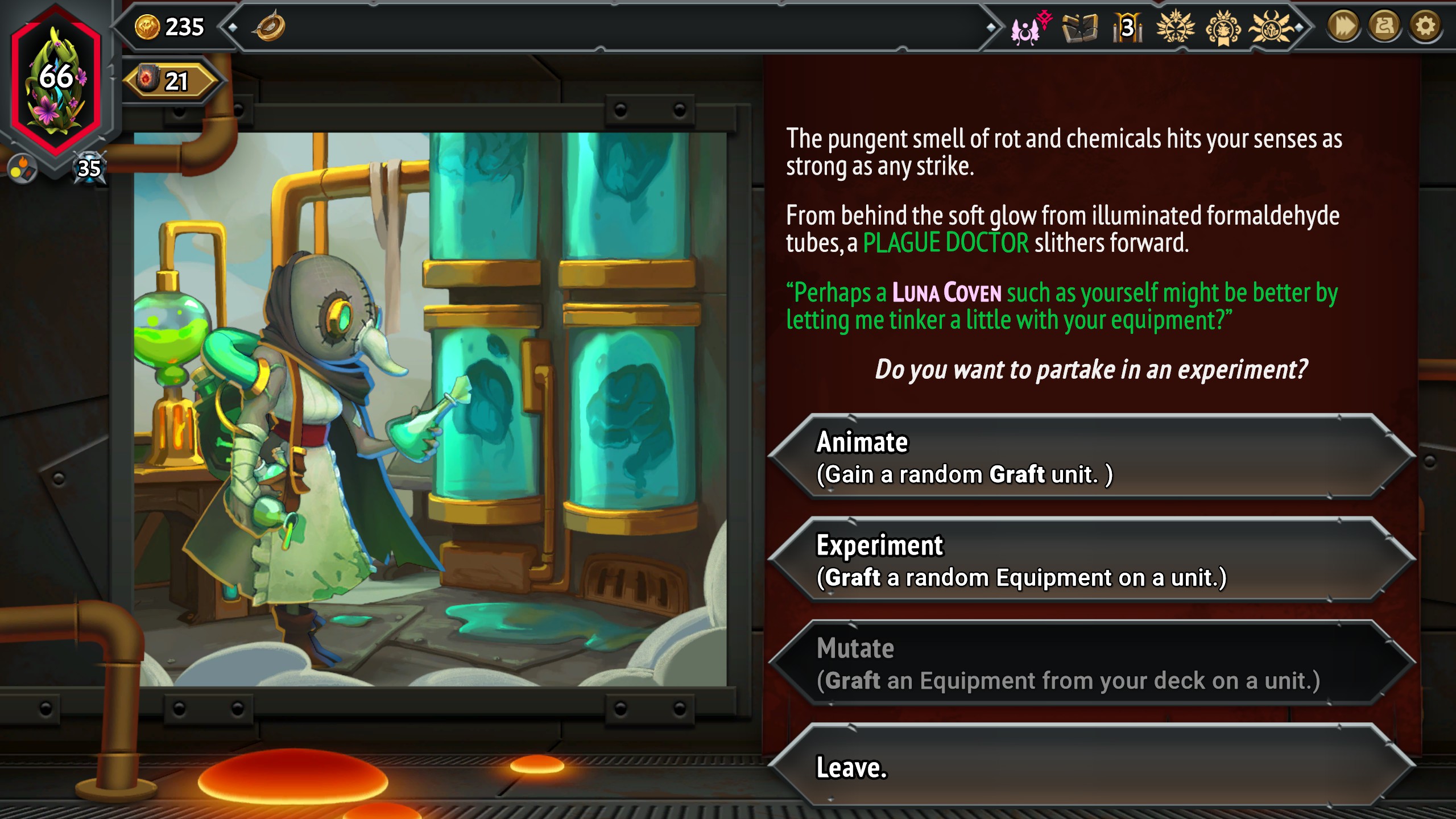 A plague doctor event plays out in Monster Train 2 offering a choice of experiments you can apply to your cards