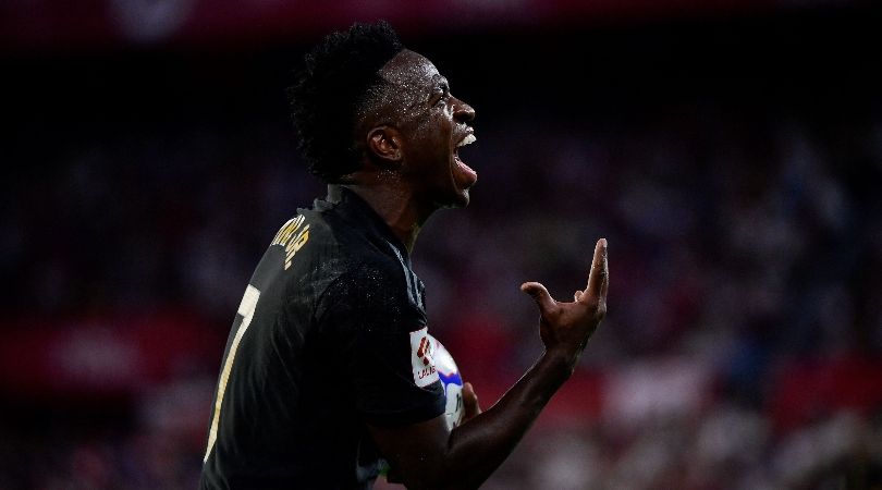 Vinicius Junior gestures during Real Madrid&#039;s draw at Sevilla in LaLiga in October 2023.