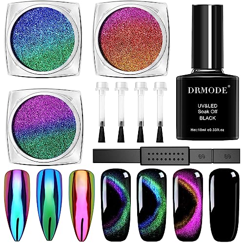 Cat Eye Chrome Nail Powder - 3pc Get Cat Eye Effect and Chameleon Mirror Effect, 9d Galaxy Gem Glitter Metallic Manicure Pigment With Bonus Black Uv Gel and Magnetic Stick - Unique Diy Set