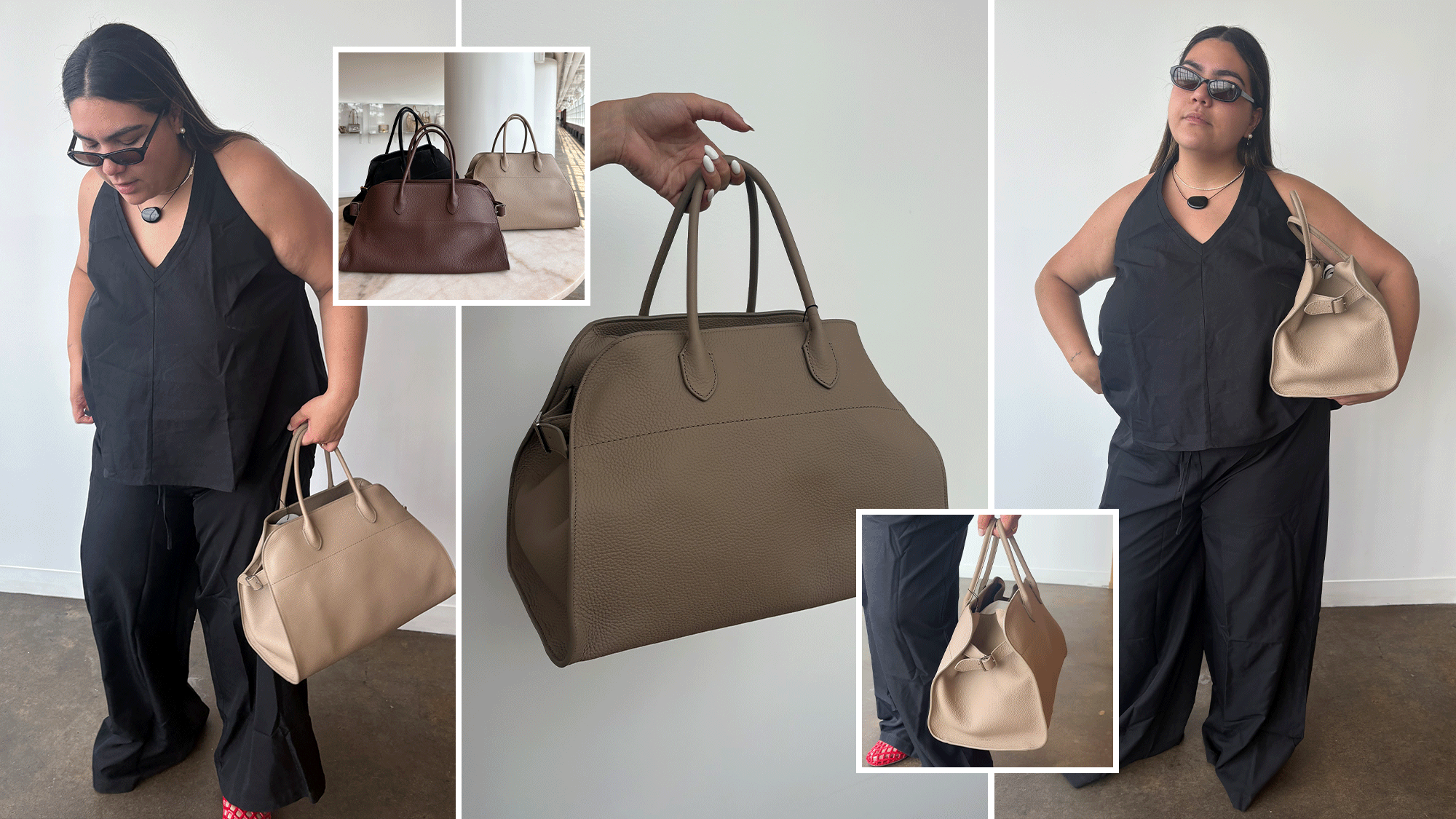 Editor Ana Escalante trying on and styling The Row Margaux 15 Bag in Taupe.