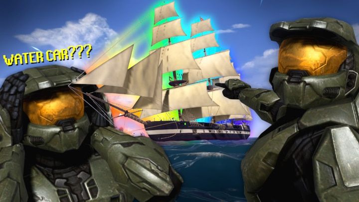 Shocked Spartans point at a rainbow-hued ship in a Halo 3 mod. 