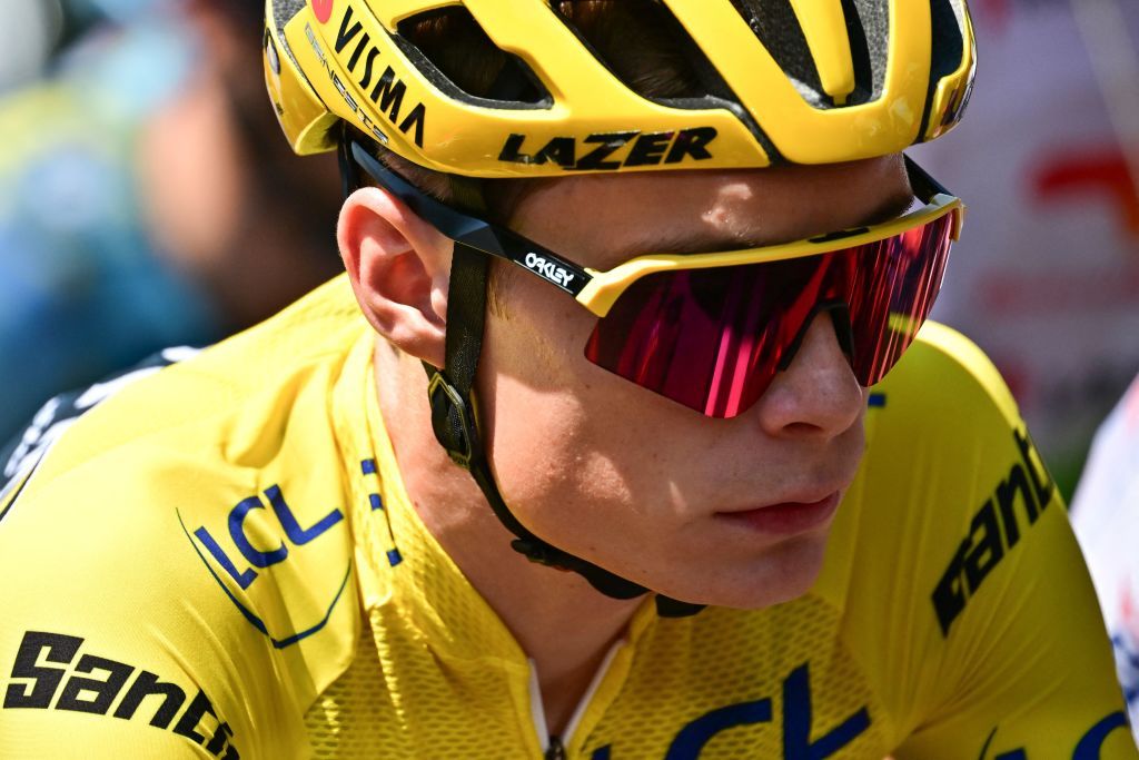 JumboVismas Danish rider Jonas Vingegaard wearing the overall leaders yellow jersey cycles during the 9th stage of the 110th edition of the Tour de France cycling race 1825 km between SaintLeonarddeNoblat and Puy de Dome in central France on July 9 2023 Photo by Marco BERTORELLO AFP Photo by MARCO BERTORELLOAFP via Getty Images