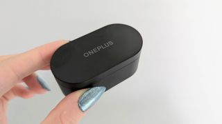OnePlus Nord Buds review: vlosed charging case with OnePlus written across the top