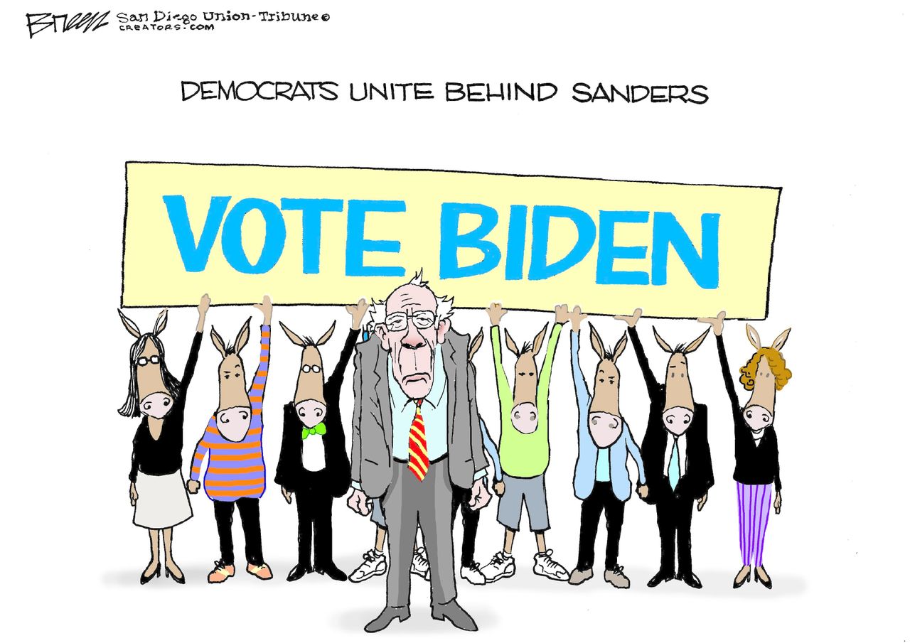 Political Cartoon U.S. democrats behind Sanders Biden