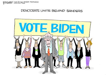 Political Cartoon U.S. democrats behind Sanders Biden