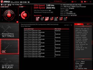 An MSI motherboard BIOS with Curve Optimiser per-core settings highlighted